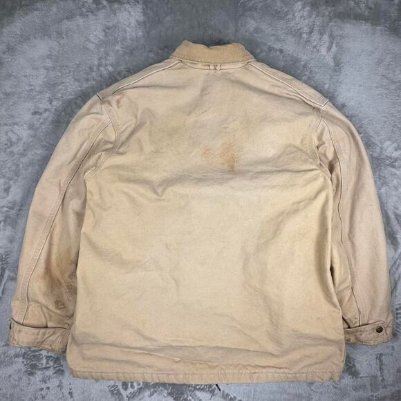Vintage 80s Distressed Paint Splattered Carhartt Blanket Lined Beige ChoreCoat L - Picture 2 of 8